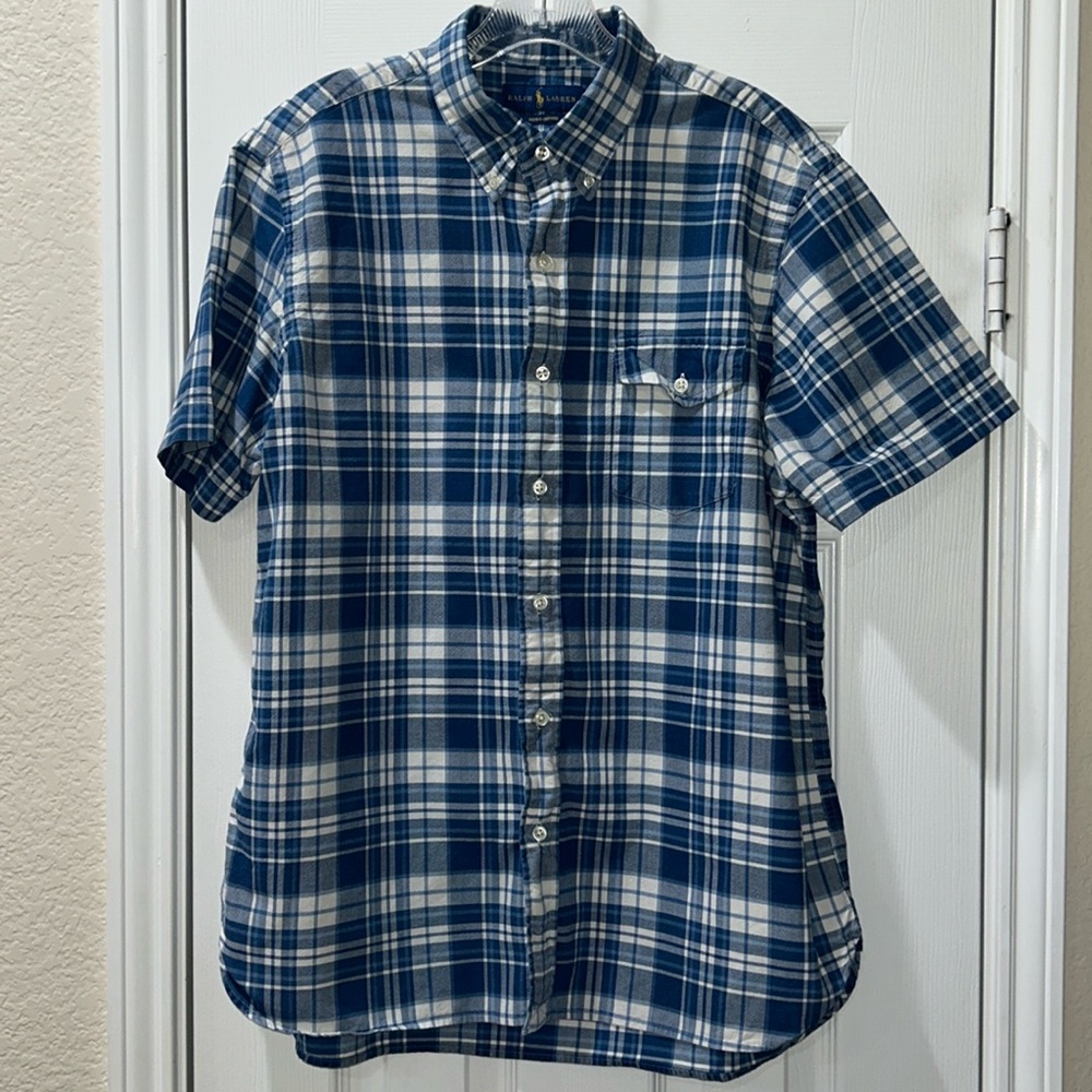 Polo Ralph Lauren Shirt Mens Large Blue Plaid Indigo Oxford Short Sleeve Shirt